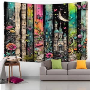 Detailed close-up of fantasy castle tapestry with moon and floral patterns on home wall