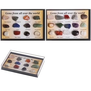 Educational set of polished natural crystal gemstones and minerals in a transparent gift box