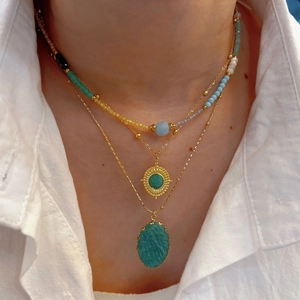 Amazonite Natural Stone Pendant Necklace Stainless Steel Gold Plated Retro Oval Beaded Layered Jewelry For Women