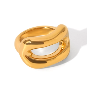 Macro shot of 18K gold hollow croissant ring with polished organic geometric finish