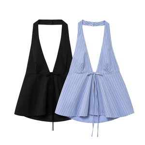 Débardeur Dos Nu Licou Femme Col En V Profond Noeud Papillon Ourlet Peplum Rayé Couleur Unie Polyester Été Casual