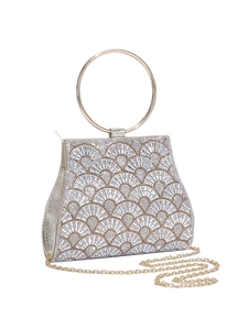 Elegant diamond PU evening clutch bag with gold ring handle and detachable chain strap