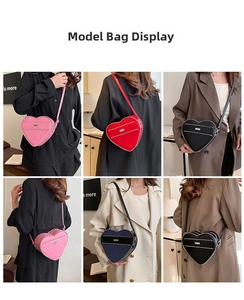 Multi-angle view of women's heart-shaped crossbody bags in pink, red, black, and navy