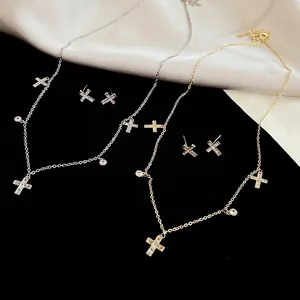 Zircon Cross Pendant Necklace And Stud Earrings With Silver Earring Post Copper Dainty Minimalist Jewelry For Women