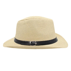Classic tan straw cowboy hat featuring a black leather belt with silver buckle detail