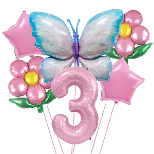 Set de 6 ballons papillon avec grand chiffre 3 rose en aluminium pour anniversaire