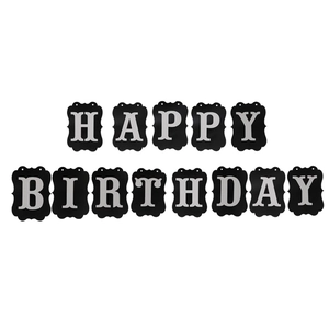 Close-up of black and silver Happy Birthday banner cards with clean metallic lettering
