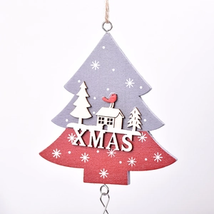 Christmas tree wooden pendant with XMAS cutout house and bird on white background