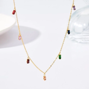Gold titanium necklace featuring colorful rectangular cubic zirconia stones for women