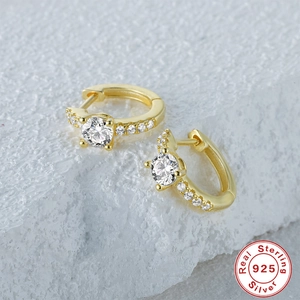 Classic S925 sterling silver four-prong diamond hoop earrings with gold plating