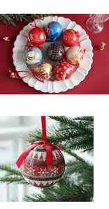 Close-up of decorative Christmas foam balls with festive patterns and hanging ribbons