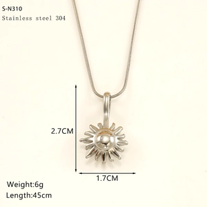 Detailed view of silver sunflower pendant with dimensions 2.7x1.7cm on snake chain