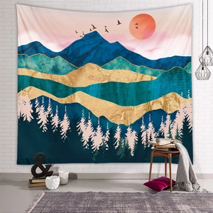 Detailed landscape tapestry with abstract mountains, sun, and birds in a cozy room