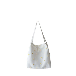 White canvas tote bag with yellow daisy embroidery for women casual summer shoulder bag