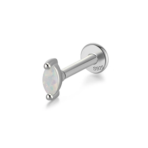 Macro detail of S925 sterling silver ear stud with marquise-cut opal stone inlay