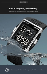 Detail of SKMEI digital sport watch with water splash effect highlighting 30M waterproof rating