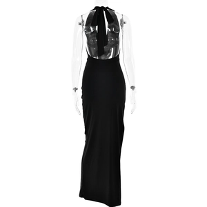 Detail of the backless halter design and sleek black fabric on this sexy maxi dress