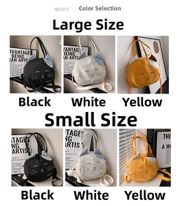Comparison of cute cat canvas bags in black white and yellow across two different sizes