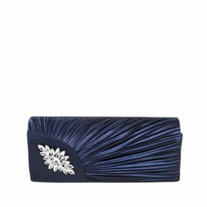 Elegante marineblaue Abendtasche mit Plissee, Strass-Blatt-Detail und Satin-Oberfläche