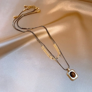 Elegant gold plated double layer necklace with tiger eye stone rectangular pendant
