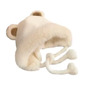 Cute white plush hat with brown bear ears and faux fur earflaps for winter warmth
