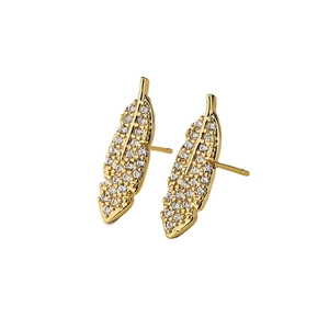 French style 18K gold plated leaf stud earrings with micro-set zircon stones