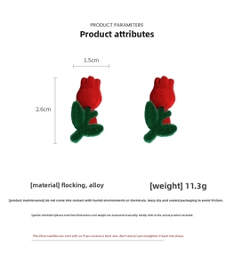 Detailed size specifications and weight for red flocked tulip earrings with silver pins
