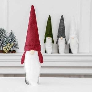 Festive Christmas Gnome wine bottle covers in red, green and grey felt for holiday decor
