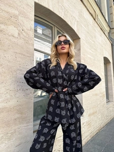 Women Long Sleeve Button Shirt And Wide Leg Trousers Casual Geometric Animal Print Loose Fashion Outfits