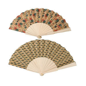 Vintage Portuguese cork folding fans with floral and wave patterns for home decor