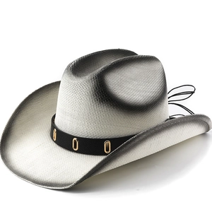 Chapeau De Cow-Boy De L'Ouest En Paille De Papier Tissée Dégradé Large Bord Protection Solaire Plage Voyage Plein Air Style Rétro