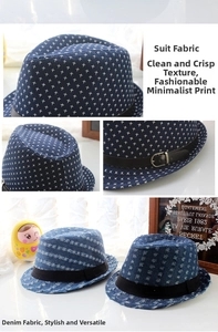 Close-up of linen jazz hats featuring retro cross patterns and distressed denim details
