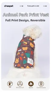 Close-up of double-sided quilted dog vest with cute cartoon animal prints and windproof fabric