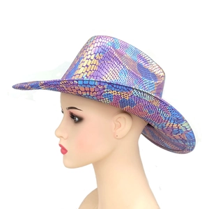 Iridescent purple and blue snakeskin cowboy hat with a metallic wide brim for parties