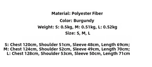 Detailed size chart for burgundy puffer jacket with stand collar and double zipper