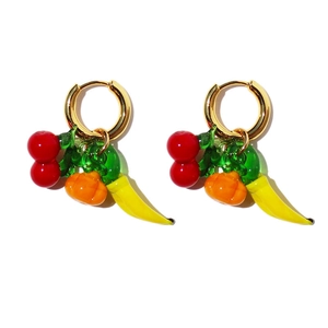 Colorful fruit charms hoop earrings with cherry pumpkin and pepper on gold base