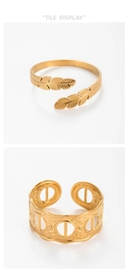 Detail showing gold feather cuff bracelet and oval cutout ring with hammered texture