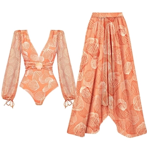 Two-piece swimsuit set with V-neck long sleeve orange swimsuit and seashell print pants