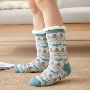 Thick lamb wool thermal socks with Nordic snowflake patterns for indoor winter warmth