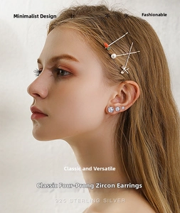 Close-up of S925 sterling silver four-prong zircon stud earrings set on a female model