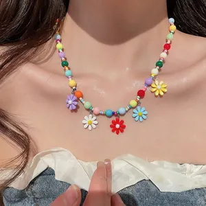 Colorful beaded flower necklace for women featuring vibrant multi-color resin petals