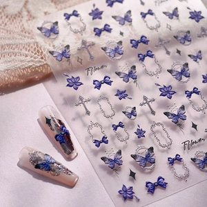 Adesivi per unghie 3D viola con fiocchi e fiori e motivi di farfalle vintage