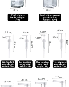 Size specifications for 1100ml glass and 1600ml plastic syrup bottles with dispenser pumps