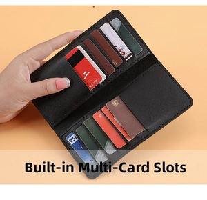 Detailed view of the black leather long wallet interior showing multiple card slot compartments