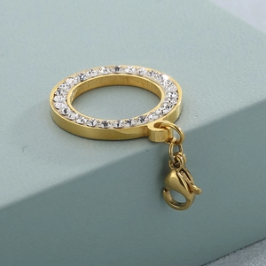 Pendentif rond en acier inoxydable doré avec strass blancs et fermoir mousqueton