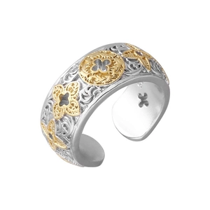 Exquisite 925 sterling silver open ring with gold floral and butterfly镂空 detail
