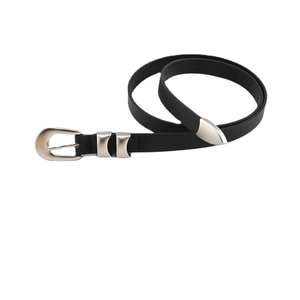 Minimalist black leather belt for women with vintage silver buckle and metal tip