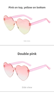 Detailed close-up of heart-shaped rimless sunglasses in pink and yellow gradient colors