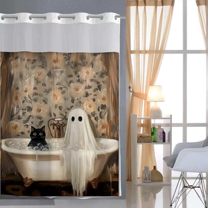 Detail view of double-layer waffle shower curtain with artistic black cat and ghost print
