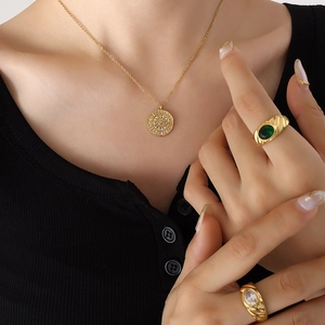 Vintage 18K gold plated celestial pendant necklace and zircon rings set on model